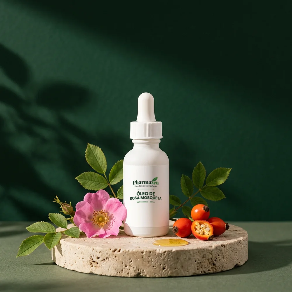 Frasco de Óleo de Rosa Mosqueta Pharmazen com rosa silvestre e frutos de rosa mosqueta