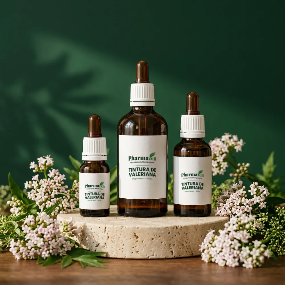 Três frascos âmbar de Tintura de Valeriana Pharmazen de 30, 60 e 100 mL com flores de valeriana