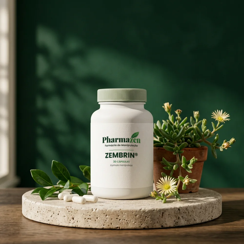 Pote de Zembrin Pharmazen com planta Sceletium tortuosum em flor