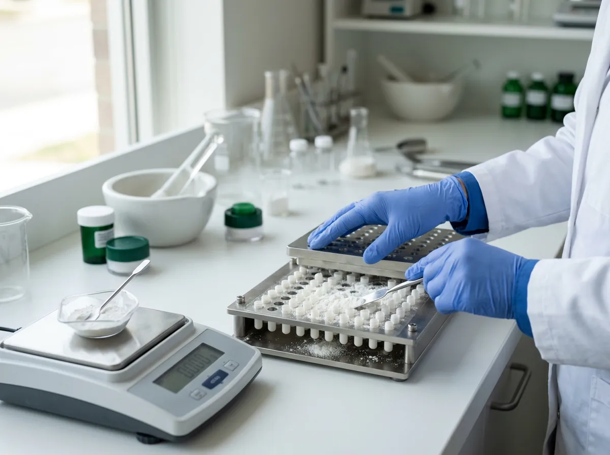 Mãos com luvas encapsulando uma fórmula em laboratório de manipulação